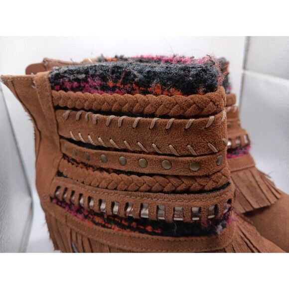 Mudd Boots Womens 11 F Ankle Booties Brown Leather Woven Braided Studded Fringe - Picture 4 of 16